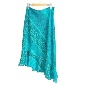 Worthington Petite Blue/Teal Floral Asymmetrical Paisley Ruffled Skirt 10P